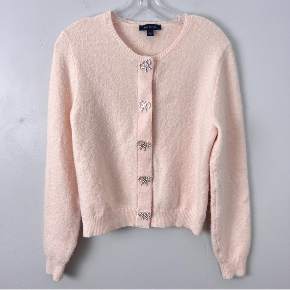 Ann Taylor Blush Fuzzy Cardigan Bows Rhinestone Embellished Snaps - Picture 1 of 7